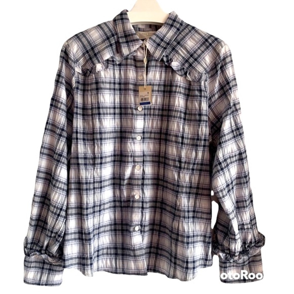 Max Studio NEW Shirt Blue White XL Plaid Ruffle Business Casual Academia Office